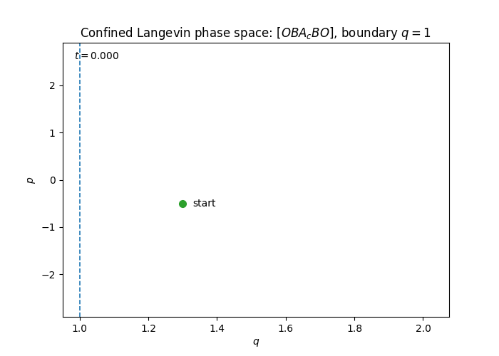 Phase-space animation of confined Langevin dynamics with specular reflection at q equals 1